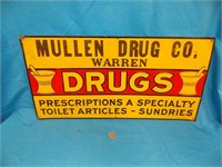 EMBOSSED MULLEN DRUG CO. TIN SIGN "DRUGS"