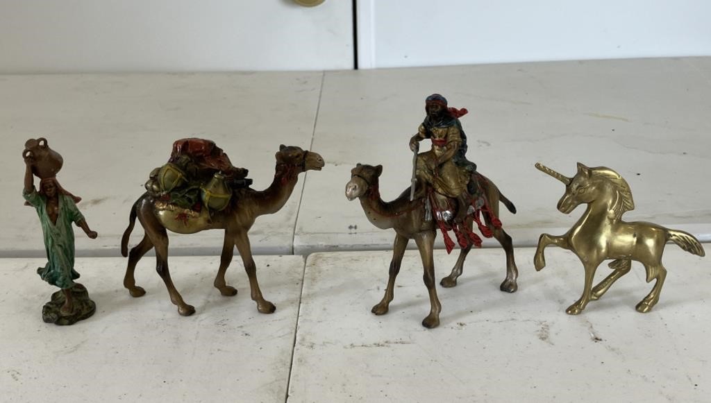 VTG Painted Cast Bronze Camels Egyptian Woman