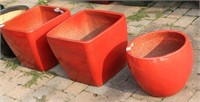 (3) red glaze clay jardinieres - (2) square form