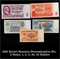 1961 Soviet Russian Denomination Set, 5 Notes, 1,