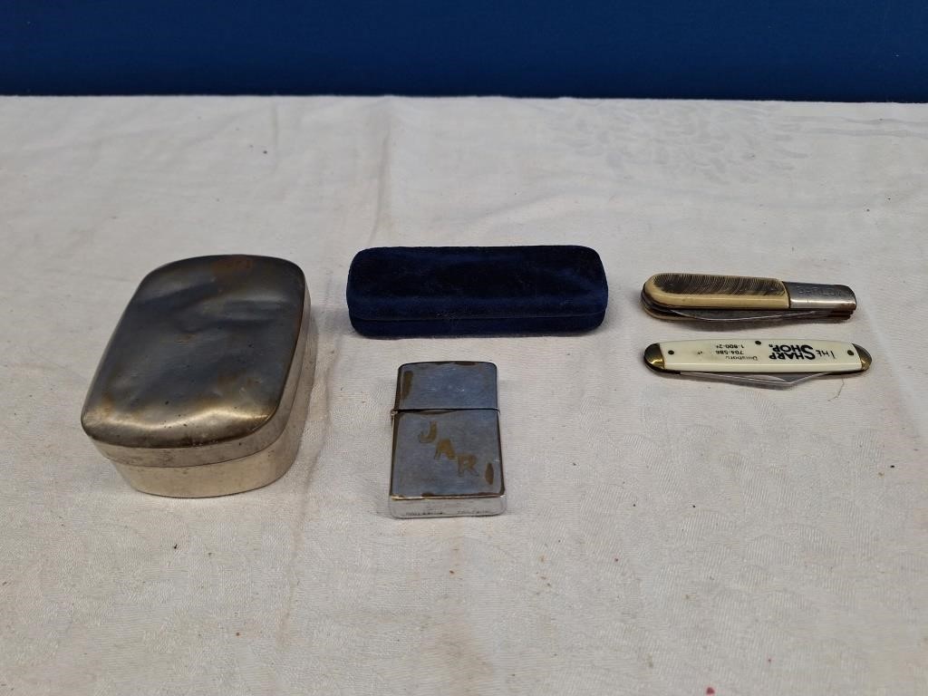 Tin Soap Container, Pocket Knives, And Lighter