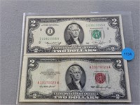 2-Jefferson Federal Reserve Note $2 bills, 1953 re