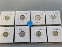 8 Roosevelt dimes, 1962d-1964d. Buyer must confirm