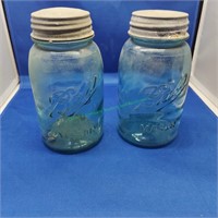 2 VIntage Blue Ball Jars w/ Zinc Lids