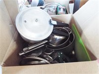 Various size pots and pans with lids, Thermos and