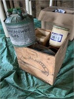 Wooden Butter Box c/w Tins & Metal Gas Can