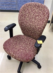Burgundy and tan chair wood arms