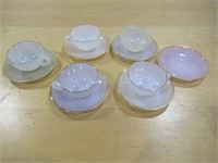Set of 5 Demi Tasse Milky Glass Teacups & Saucers