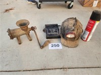 Old meat grinder & coon light.