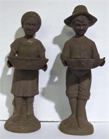 (E) Cast Iron Farmer Couple Offering Bowl Statues