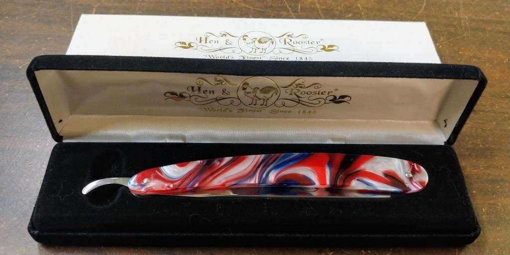 HEN & ROOSTER RED WHITE & BLUE STRAIGHT RAZOR