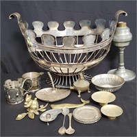 Silver plate, brass and pewter pieces - basket,