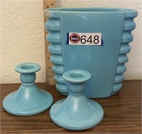 Catalina Island blue pottery: candlesticks, vase
