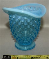 Vtg Fenton Blue Opalescent Hobnail Glass Vase