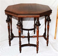 ANTIQUE OCTAGONAL MAHOGANY TABLE W/ BURLED VENEER