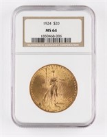 1924 U.S 20 DOLLAR GOLD DOBLE EAGLE COIN -NGC MS64