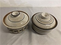 2 Signed 8" Stoneware Pots W/Lids
