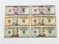 Star Note lot with: $20 note x2, $10x2, $5x2