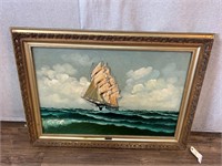 Art Painting Sailing Ship on Ocean Signed