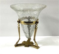 8" Crackle Glass Vase In Brass Holder