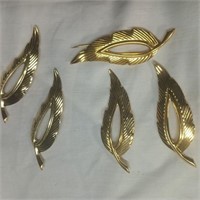 Gold Tone Leaf Brooch Pin 5 Matching Clip