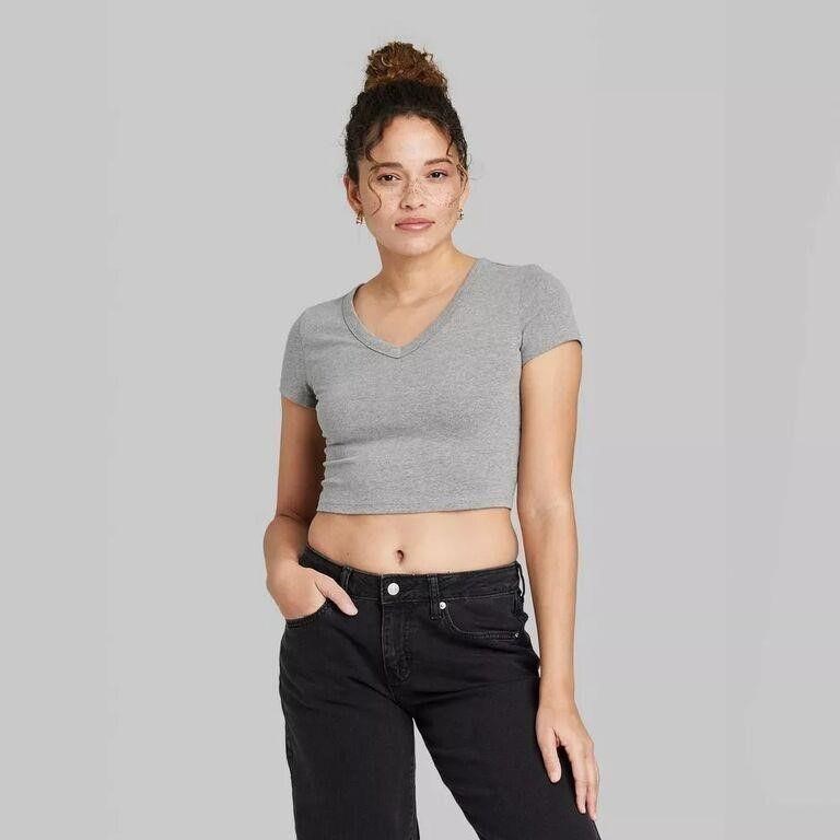 SHORT SLEEVE V-NECK CROPPED T-SHIRT X2