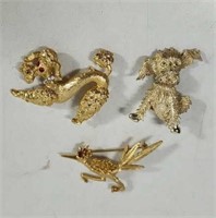 Vintage Gold Tone Dogs and roadrunner pins