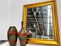 Gold Frames Mirror & 2 Tri-Colored Vases