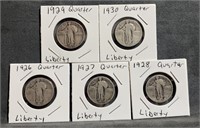 5 1926-1930 Silver Quarters Standing Liberty US
