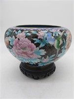 LARGE CLOISONNE BOWL W/ WOODEN STAND