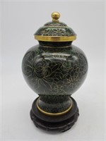 CLOISONNE URN ON WOODEN STAND ALL CLEAN