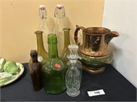 Vintage Bottles And Brass Pitcher, See Details
