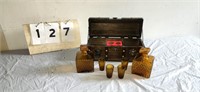 Treasure Chest with 2 Amber Colored Decanters and