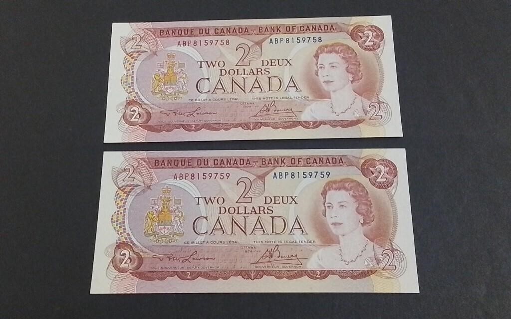 Two 1974 Canada Unc Consec $2 Banknotes