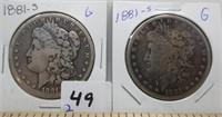 2 - 1881-S Morgan silver dollars