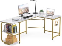 L Shaped Desk  White Marble+Gold