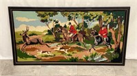 Vintage Deer Hunt Framed Needlepoint ~ 37"x20"