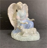 Angel With Calf Figurine Ceramic White/blue