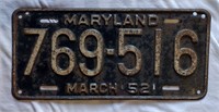 1952 Maryland License Plate! Black & White