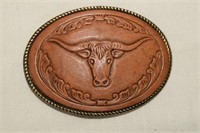 Belt Buckle w/ Leather Tooled Longhorn