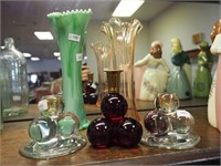 Mid-century glass candleholders, red acrylic