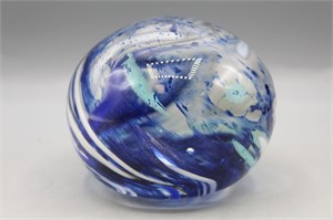 Hand-Blown Blue Swirl Art Glass Paperweight