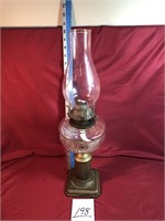 Metal base glass oil lamp, w/chimney
