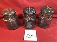 3 blue Ball glass jars w/lids & bales