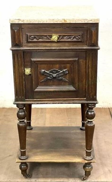 Rolling Antique Marble Top Wood Carved Stand