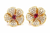 PAIR OF 14K GOLD, DIAMOND AND RUBY EARRINGS, 12.3g