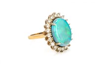 14K GOLD, OPAL DOUBLET & DIAMOND CLUSTER RING, 7g