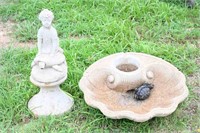 Concrete Bird Bath & Boy Statue On Pedestal