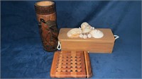Carved Wooden Vase, Cutting Board, And Bath box.