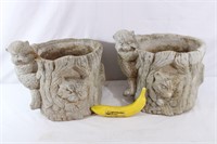 Pair Concrete "Forest Animals In A Stump" Planters
